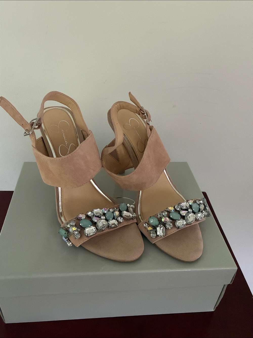 Jessica Simpson Blush Suede Jeweled Stiletto Heel Elbella Sandals 8